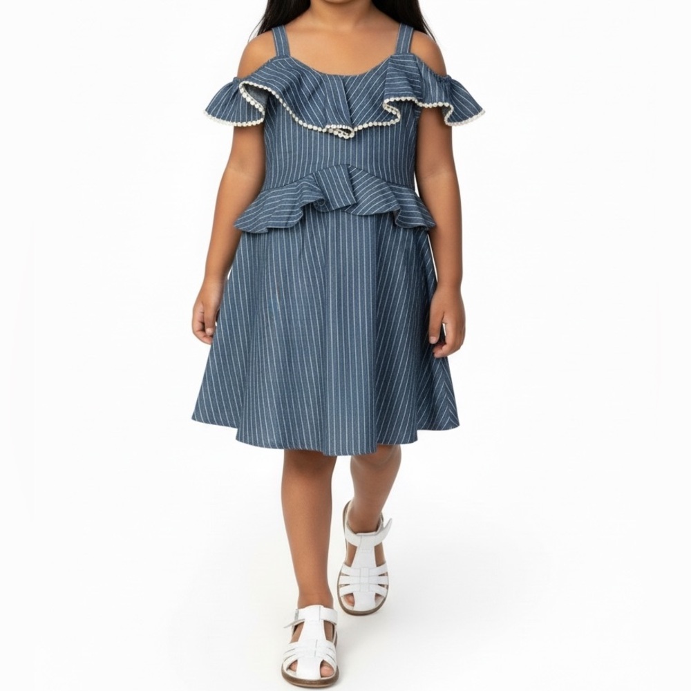 BCBGirls Chambray Pin Striped Cold Shoulder Kids Dress | Size 5/6